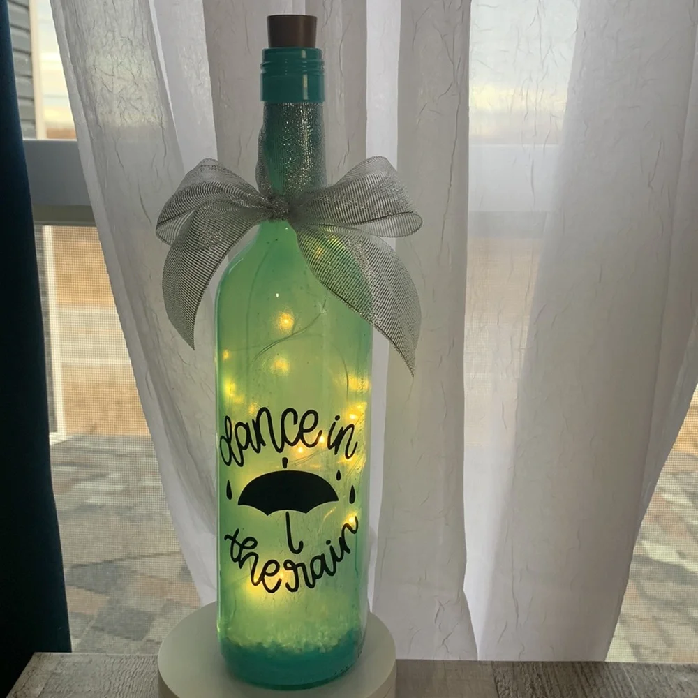 Hand Crafted Blue ‘Dance in the Rain’ Wine Bottle Lantern